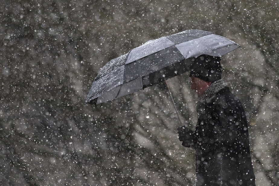 caption: A pedestrian walks along 1st Avenue on Friday, February 8, 2019, as snow falls in downtown in Seattle. 