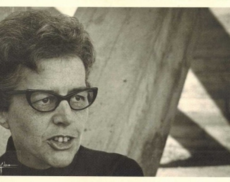 caption: Madeline DeFrees in 1967. The poet, formerly a nun, would tuck an envelope and pencil into the deep pockets of her habit to write when she had time.