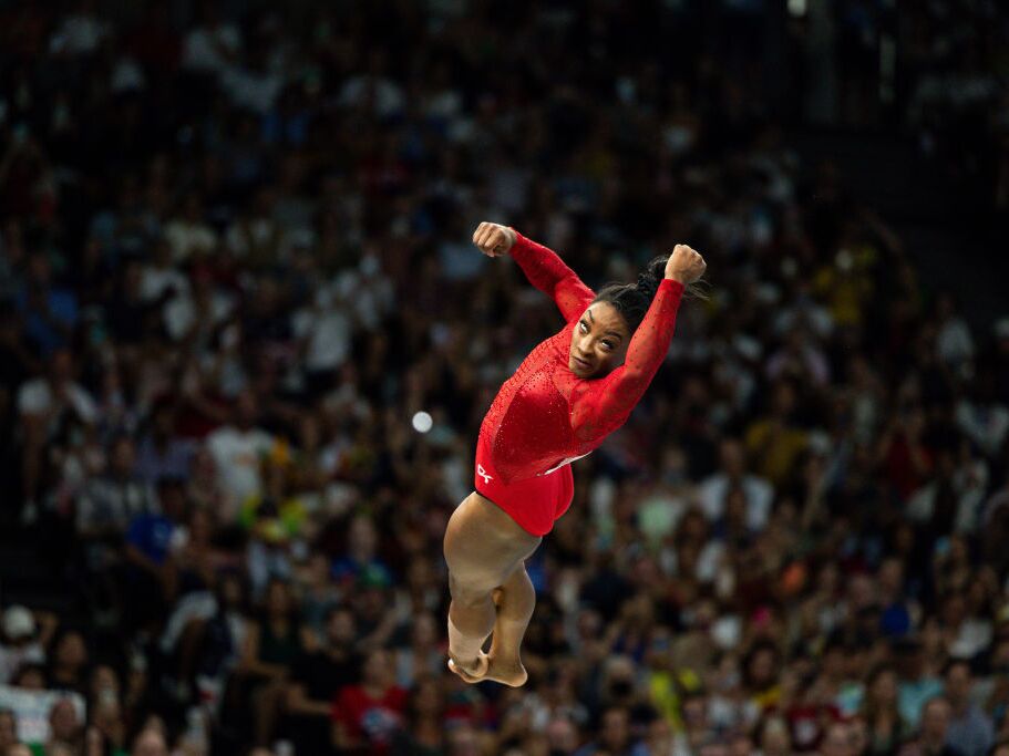 caption: Simone Biles of Team USA competes during the Artistic Gymnastics Women's Vault Final on day eight of the Olympic Games Paris 2024. <br>