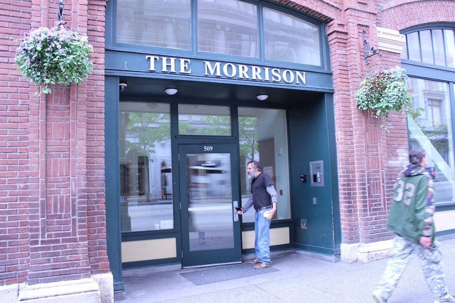 caption: The Downtown Emergency Services Center operates an emergency shelter for homeless people, along with permanent housing, at The Morrison Building in Seattle's Pioneer Square