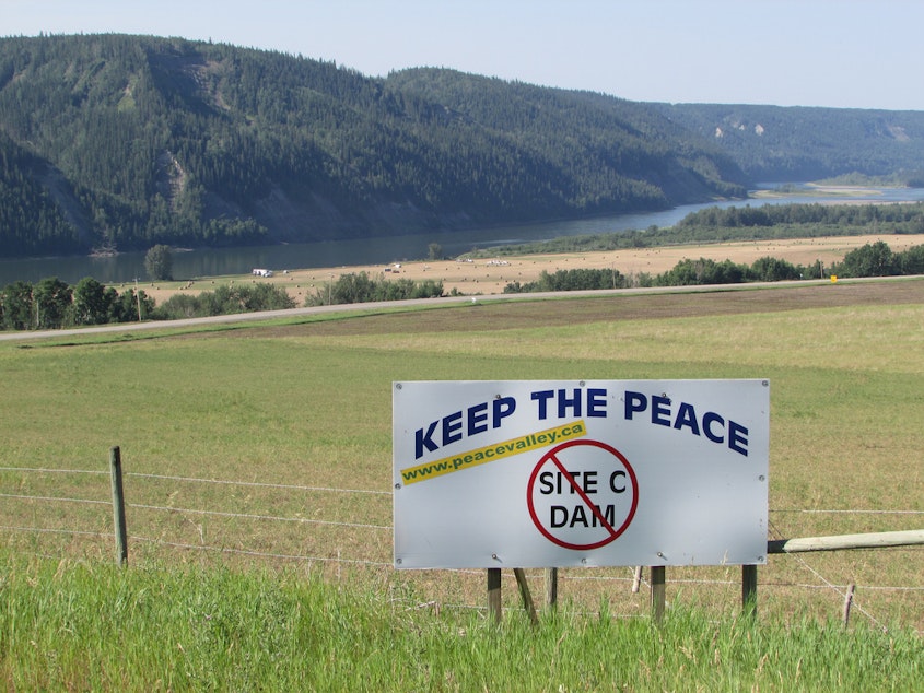 caption: A sign along Highway 29 between Fort St. John and Hudson's Hope, British Columbia, protests the proposed Site C dam. 
