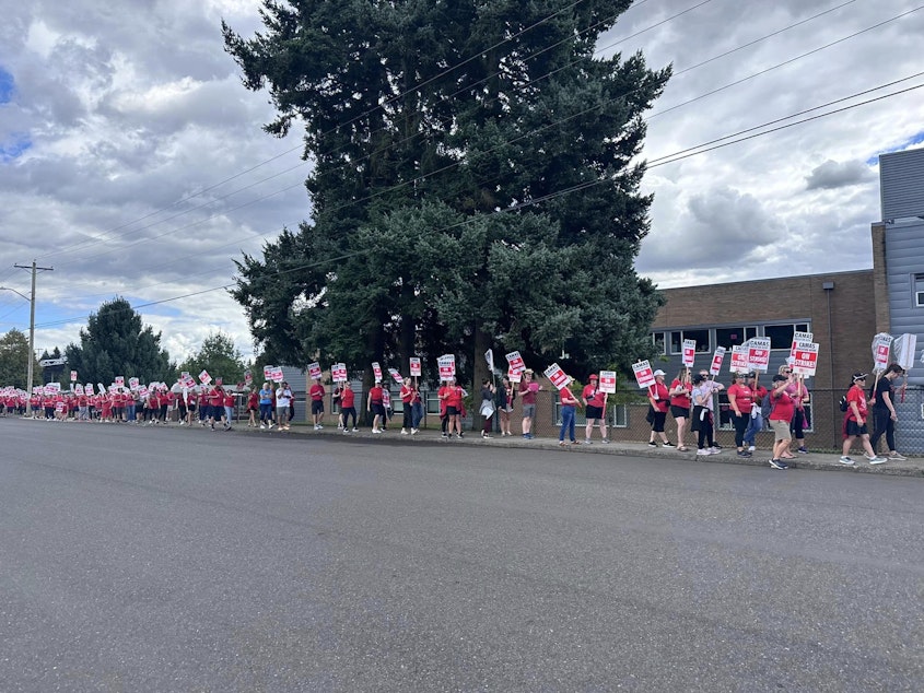 caption: Camas teachers continued to strike Wednesday, three days after what was supposed to be the first day of school. Educators in the nearby Evergreen School District are also on strike.