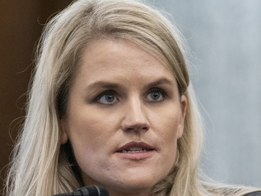 caption: Former Facebook data scientist Frances Haugen speaks during a hearing of the Senate Commerce, Science, and Transportation Subcommittee on Consumer Protection, Product Safety, and Data Security, on Capitol Hill, Tuesday.