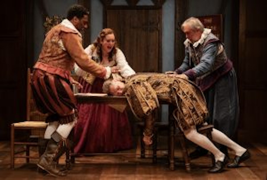 caption: Reginald André Jackson, Melanie Godsey, Nik Doner, and Eric Jensen in The Book of Will at Taproot Theatre. 