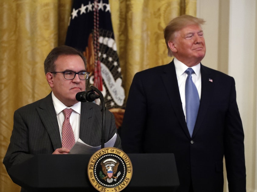 caption: Environmental Protection Agency Administrator Andrew Wheeler and President Trump attend an event about the environment at the White House in July.