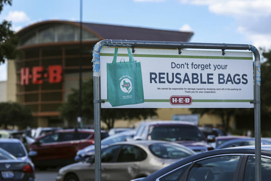 caption: File photo. Washington and Oregon lawmakers are considering statewide bans on single-use plastic bags in grocery stores. CREDIT: JULIA REIHS/KUT