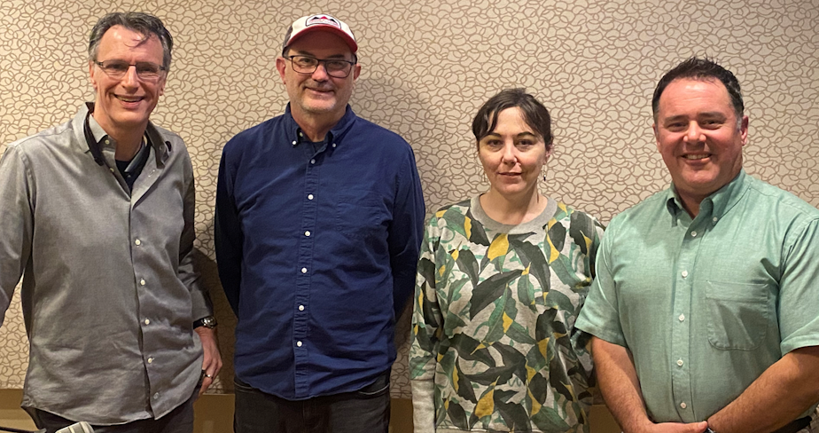 caption: Bill Radke discusses the week’s news with Publicola’s Erica Barnett, Seattle Channel’s Brian Callanan, and KUOW’s David Hyde. 