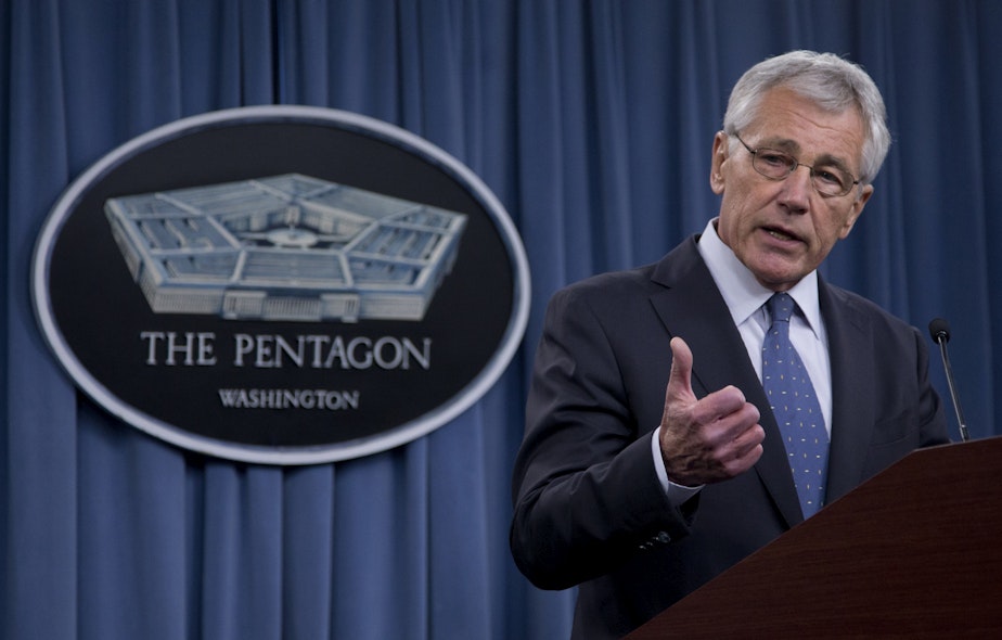 caption: Defense Secretary Chuck Hagel briefs reporters at the Pentagon, Monday, Feb. 24, 2014, where he recommended shrinking the Army to its smallest size since the buildup to U.S. involvement in World War II in an effort to balance postwar defense needs with bu