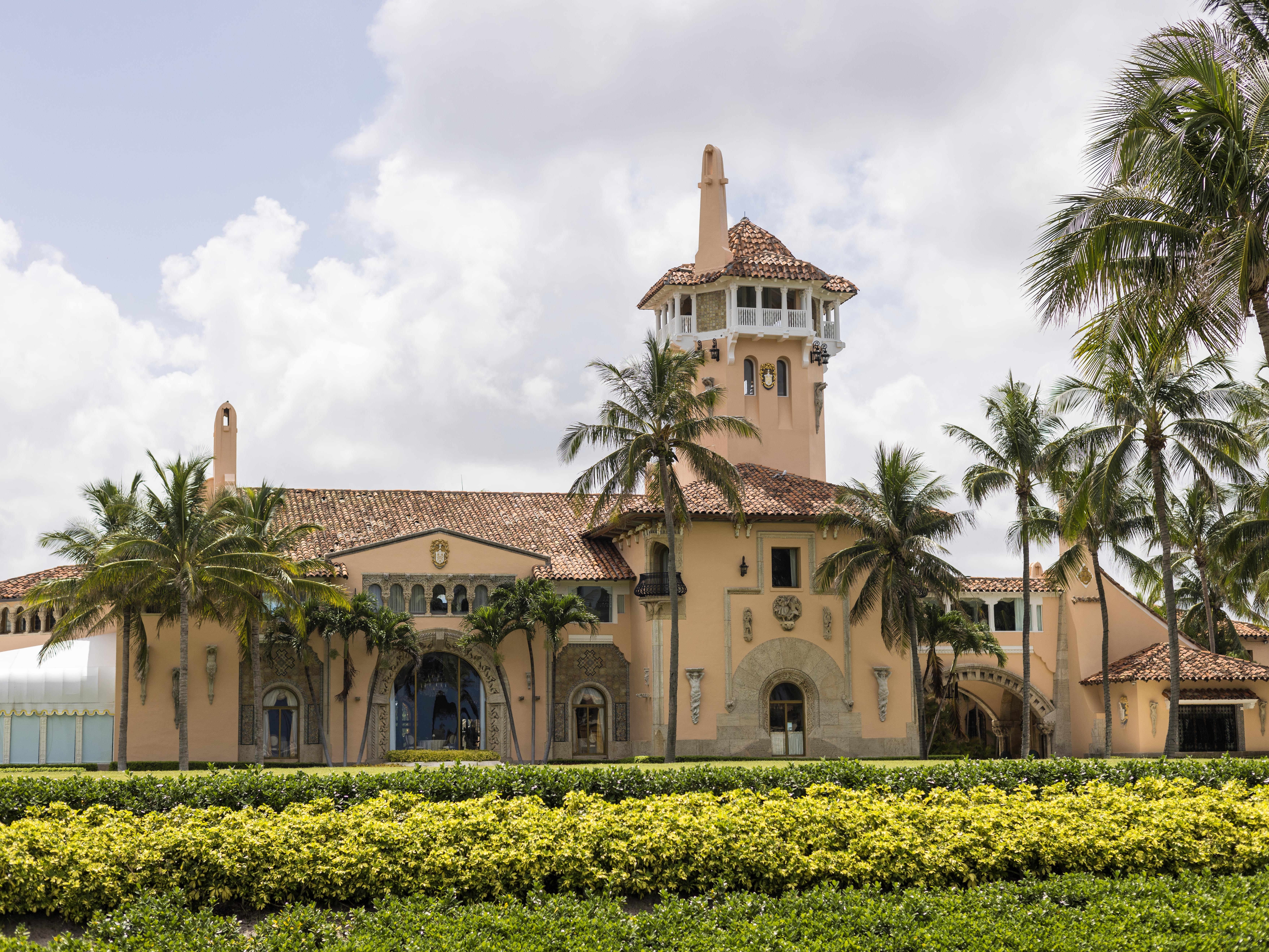 caption: Exterior view of Mar-A-Lago on July 14, 2024 in Palm Beach, Fla.