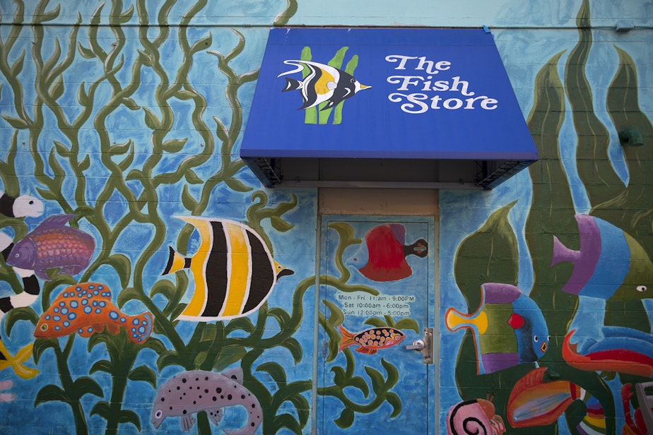 caption: A mural painted by Lynn DeBeal is shown on Thursday, December 6, 2018, on the backside of The Fish Store on Lake City Way Northeast in Seattle. 