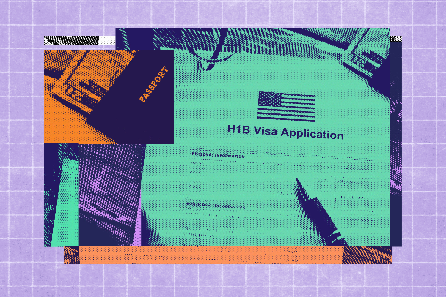 caption: Collage of H-1B visa application. Assets courtesy of Canva.com.