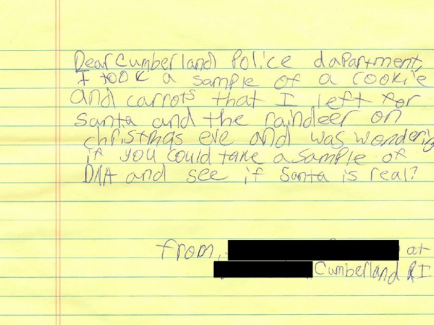 caption: A young girl's note to the police department asked to test for evidence of Santa.