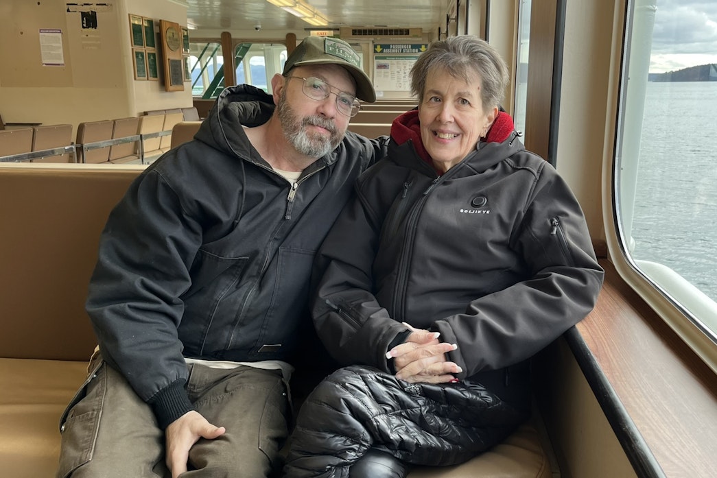 caption: Andy and Bari Willard on the ferry from Orcas Island to San Juan Island, where Bari will receive chemotherapy.