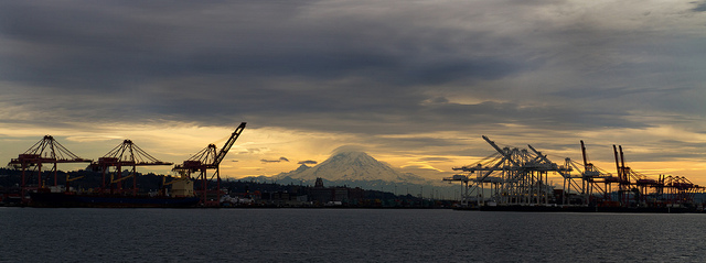 caption: The Port of Seattle with Mt. Rainier in the background.