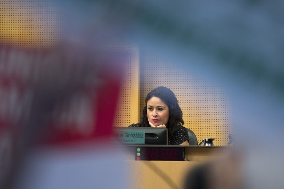 caption: Councilmember Lorena González listens to public comment on Tuesday, June 12, 2018, inside City Council Chambers at City Hall in Seattle.