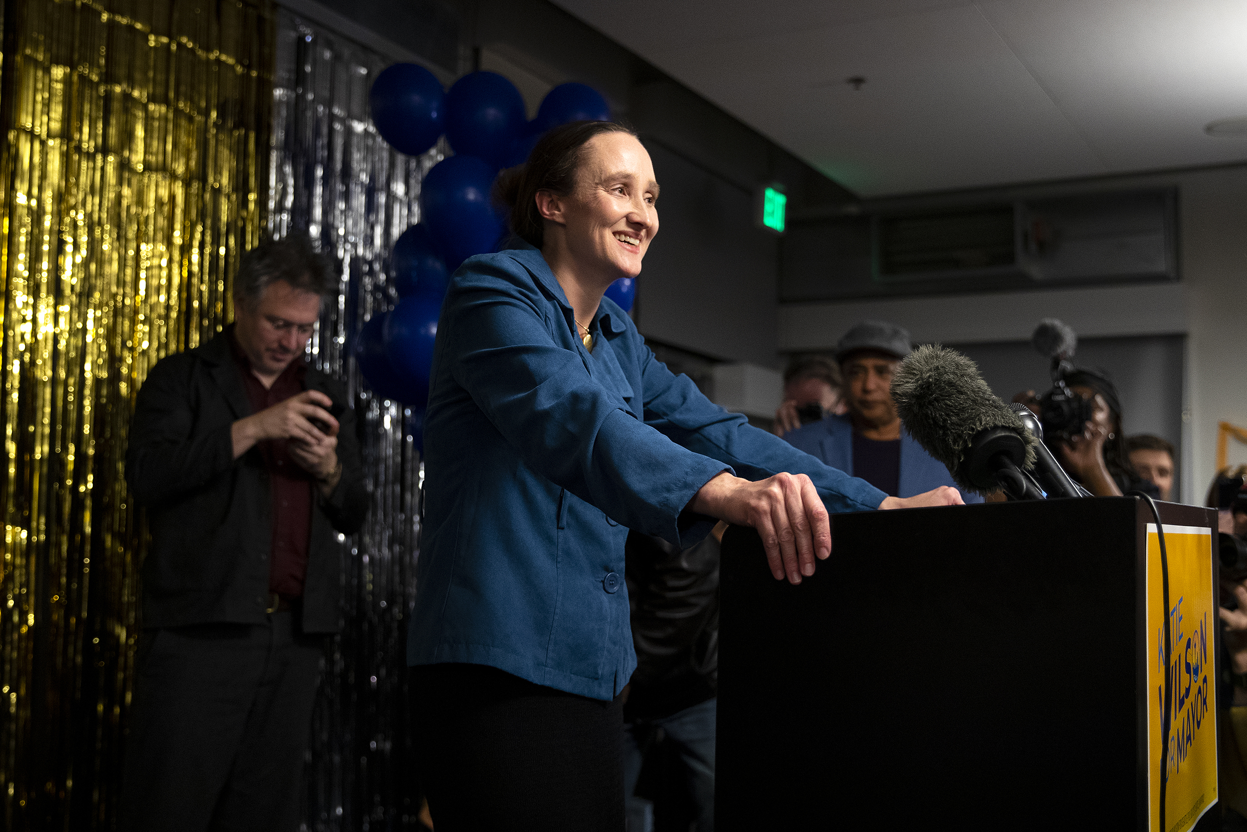 caption: City of Seattle mayoral candidate Katie Wilson speaks to supporters during an election night party on Tuesday, Nov. 4, 2025, at El Centro de la Raza in Seattle. 