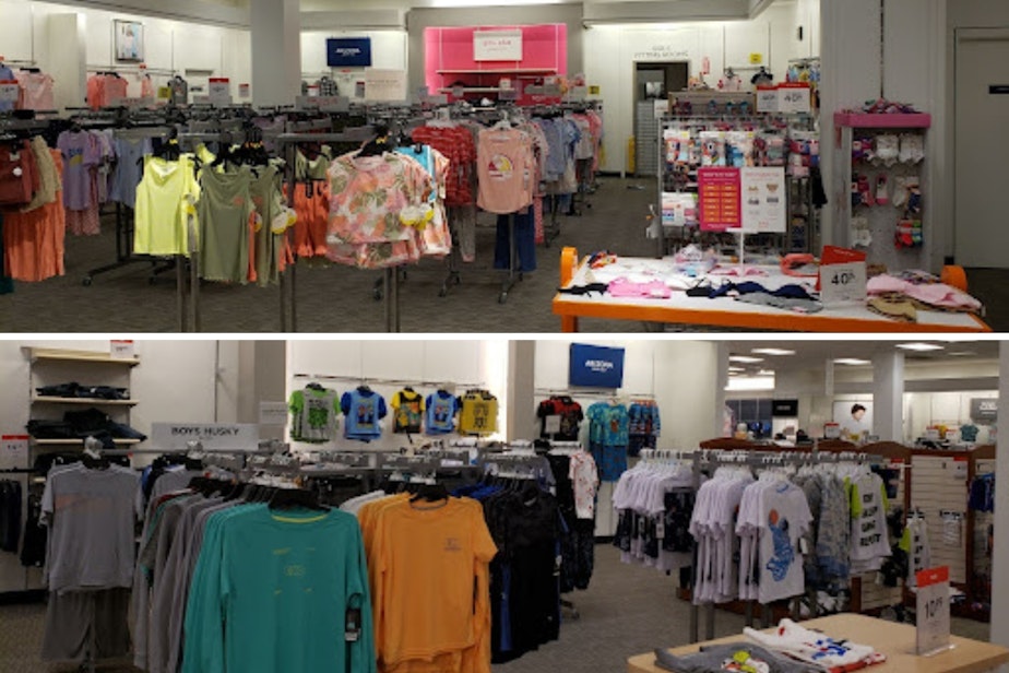 caption: JC Penny's "girls" section (top) and "boys" section (bottom) at the Southcenter Mall.