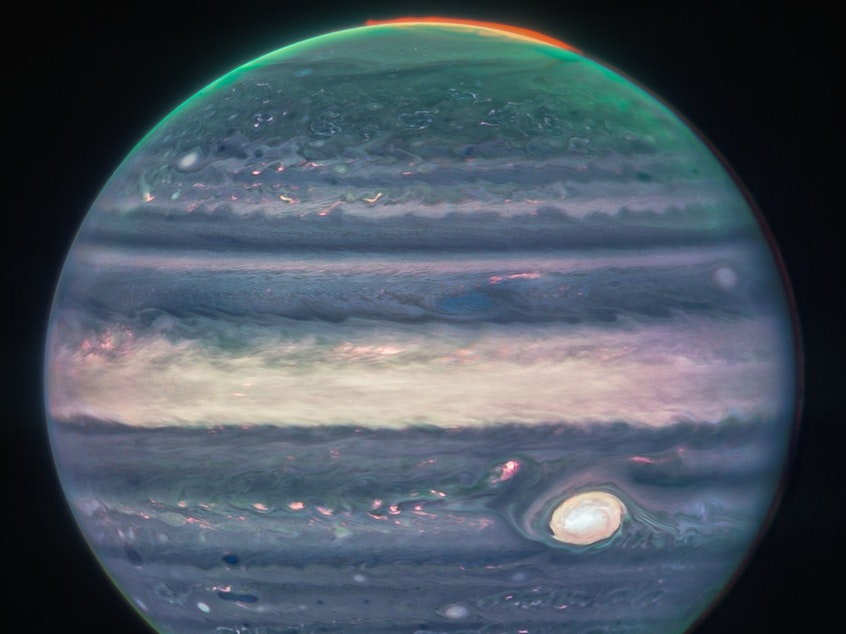 caption: A new image of Jupiter taken from NASA's Webb Telescope and released on Monday is shown.