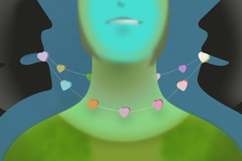 An illustration of a person with a necklace made of candy hearts around their neck. Figures at left and right are eating the candy hearts.