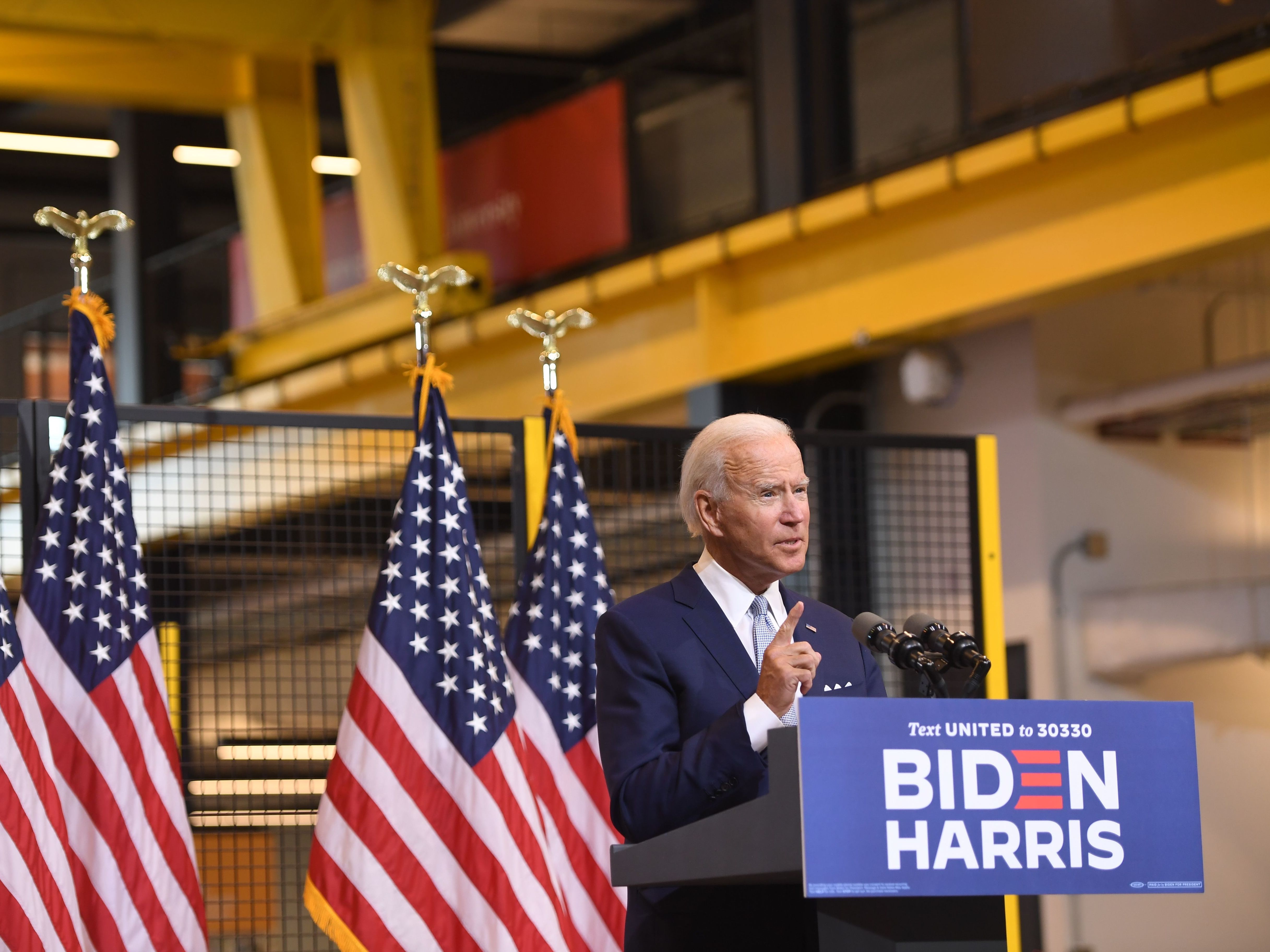 caption: Democratic presidential nominee Joe Biden denounced President Trump during remarks in Pittsburgh on Monday.