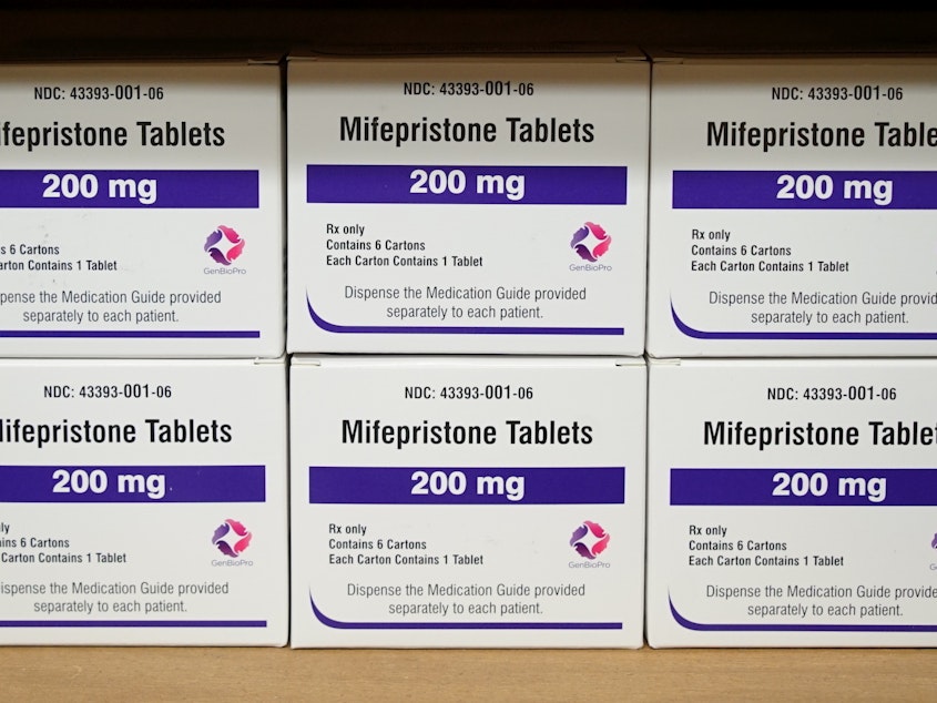 caption: Boxes of the drug mifepristone sit on a shelf at the West Alabama Women's Center in Tuscaloosa, Ala., on March 16, 2022.
