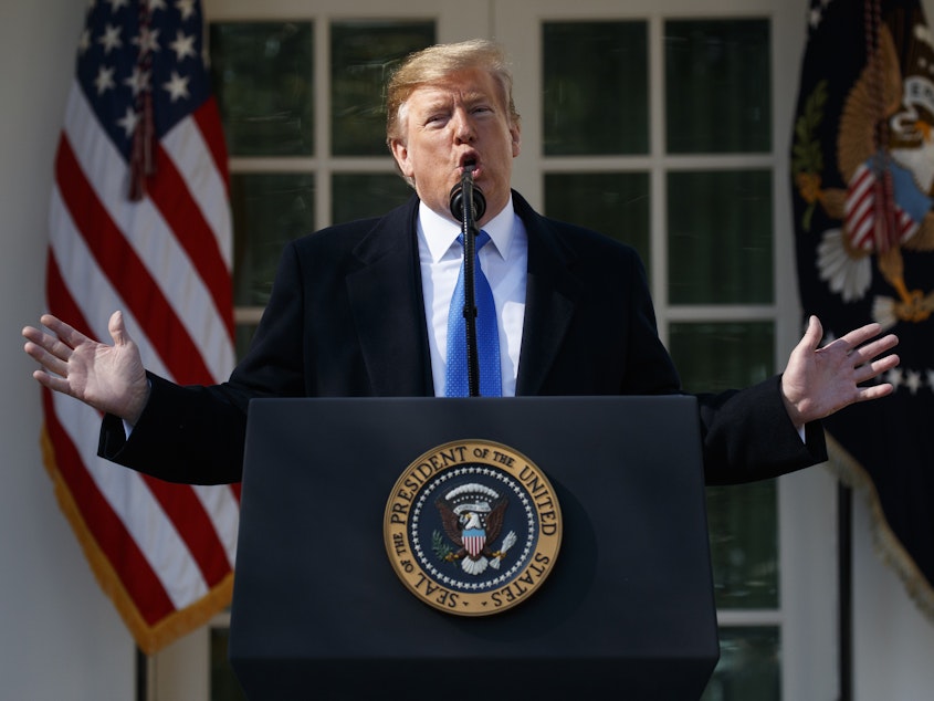 caption: President Trump speaks in the Rose Garden at the White House on Friday to declare a national emergency in order to build a wall along the southern border.