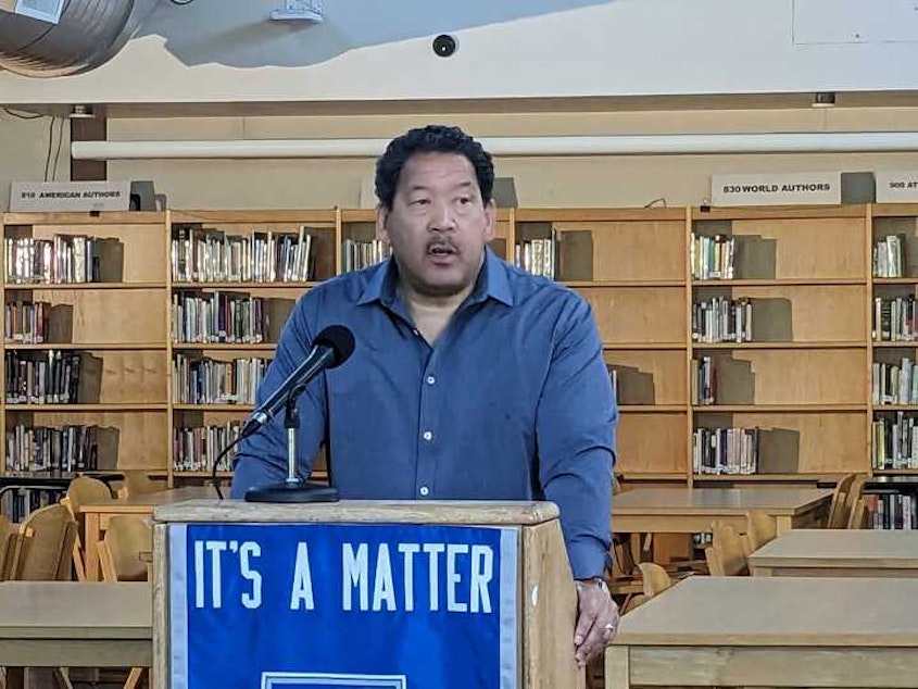 caption: Seattle Mayor Bruce Harrell speaks about a new initiative to address the mental health crisis in youth at Ingraham High School on Wednesday, June 7, 2023