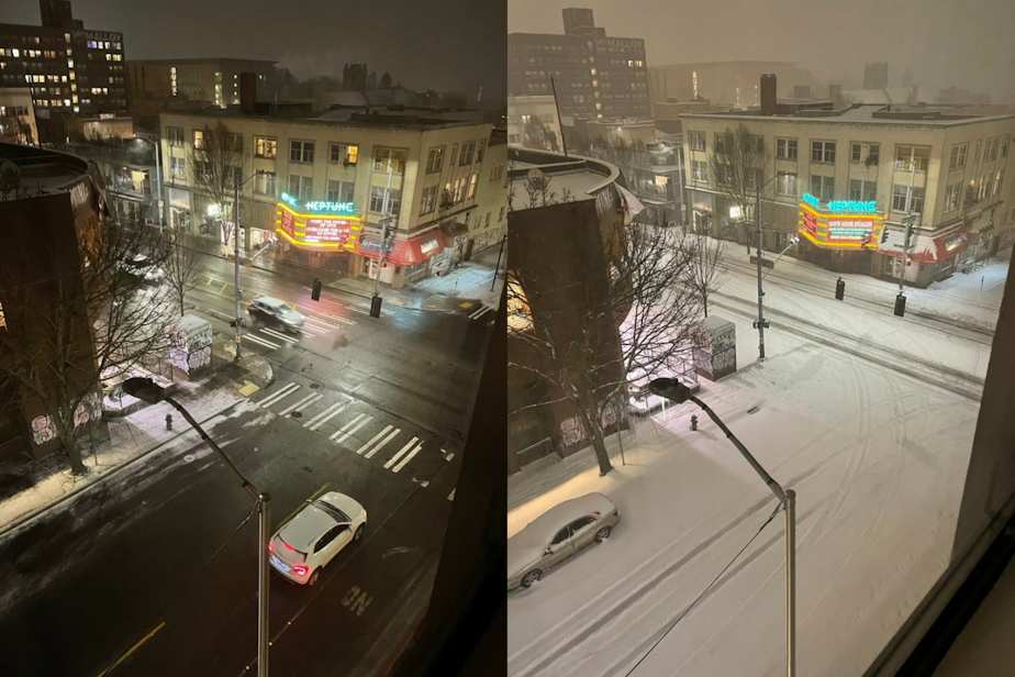 caption: A corner at Seattle's University District at 8 p.m. Friday, Feb. 12 and at 4:30 a.m. Saturday, Feb. 13. 