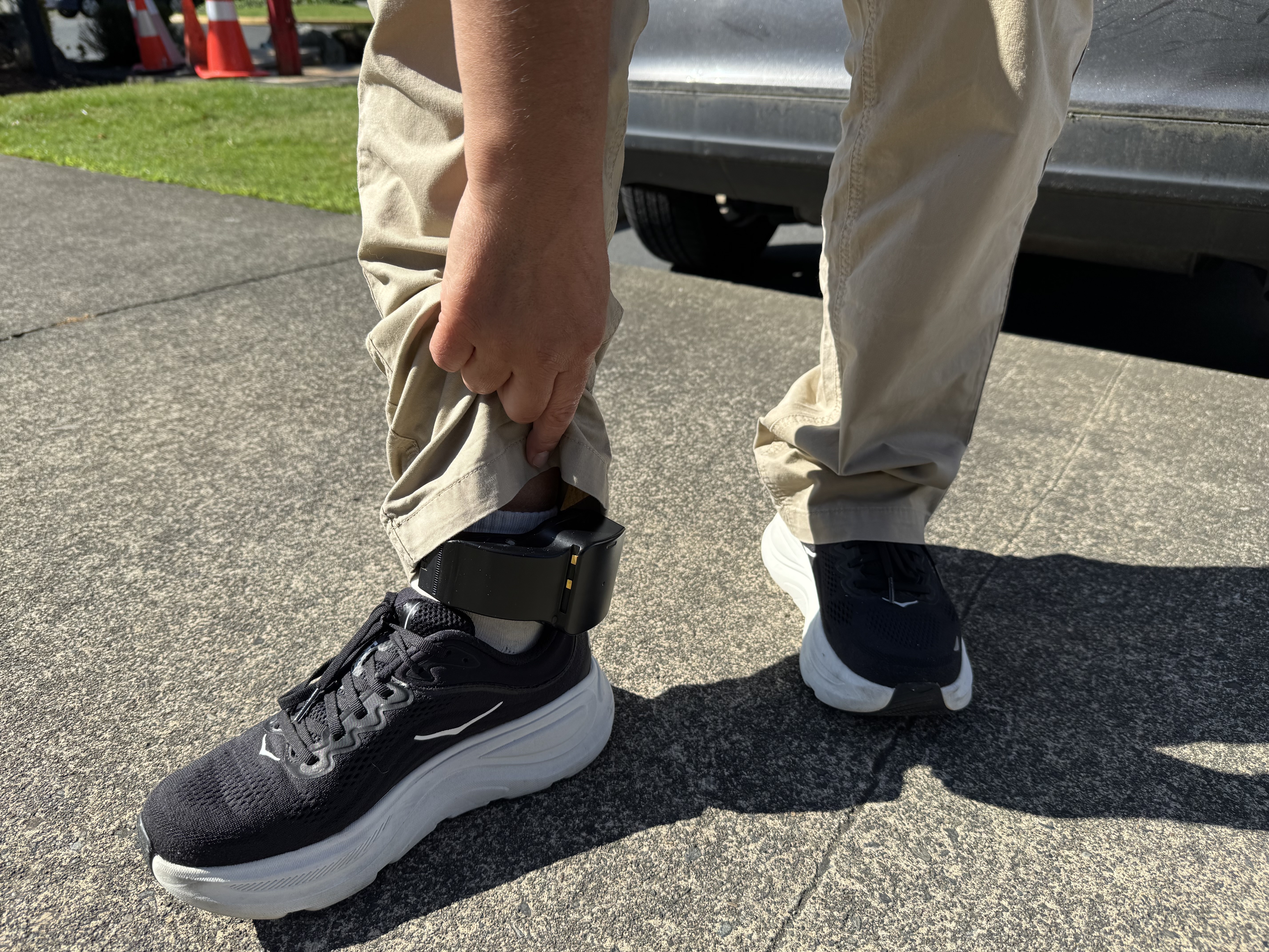 caption: Espinoza's shows her electronic ankle monitor a few days after her release from the Northwest ICE Processing Center.