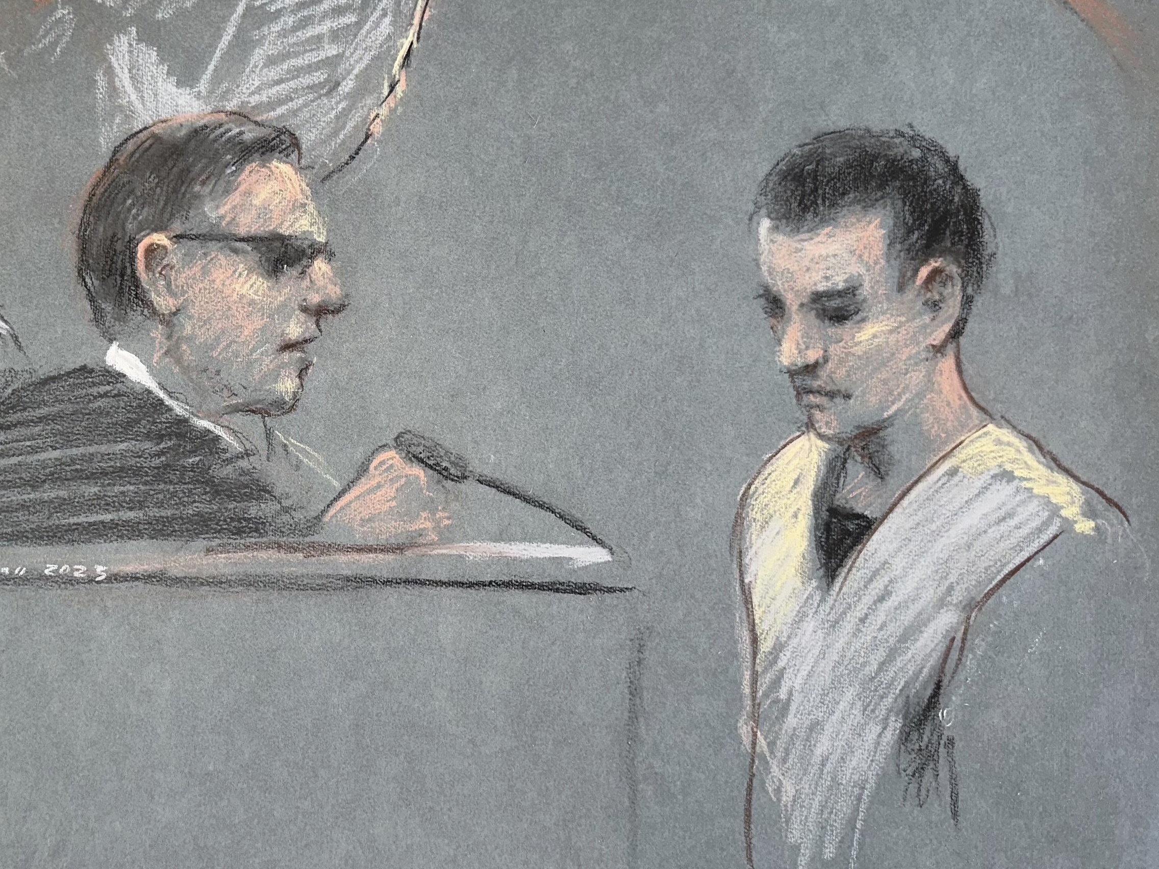 caption: This artist depiction shows Massachusetts Air National Guardsman Jack Teixeira (right) appearing in U.S. District Court in Boston on April 14, 2023.