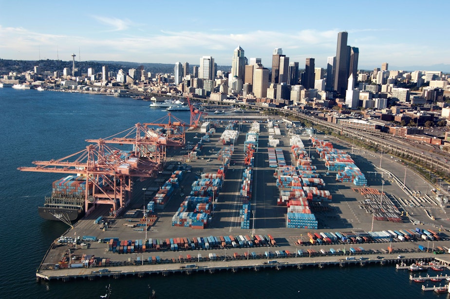 caption: The Port of Seattle'sTerminal 46 is the closest container terminal to downtown Seattle. 