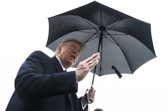 caption: During his remarks to reporters before his departure to Norfolk, Va., President Trump said outside the White House that there was a "possibility that sometime today" there will be a two-week quarantine on parts of New York, Connecticut and New Jersey.