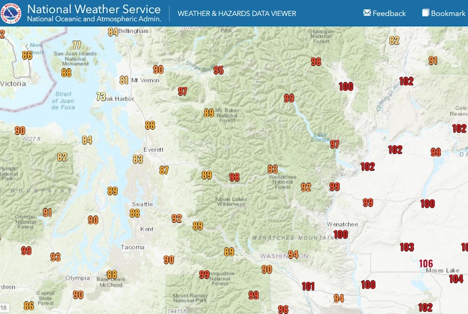caption: Maximum temperatures in most of Washington hit the 90s or 100s on Wednesday.