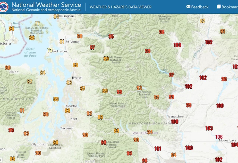 caption: Maximum temperatures in most of Washington hit the 90s or 100s on Wednesday.