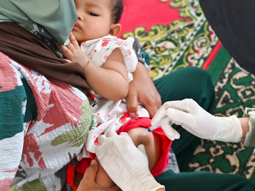 caption: A baby receives the DPT vaccine, that can prevent diphtheria, pertussis, and tetanus, as part of a monthly check-up medical program for children at an integrated services post in Banda Aceh on June 8, 2023.