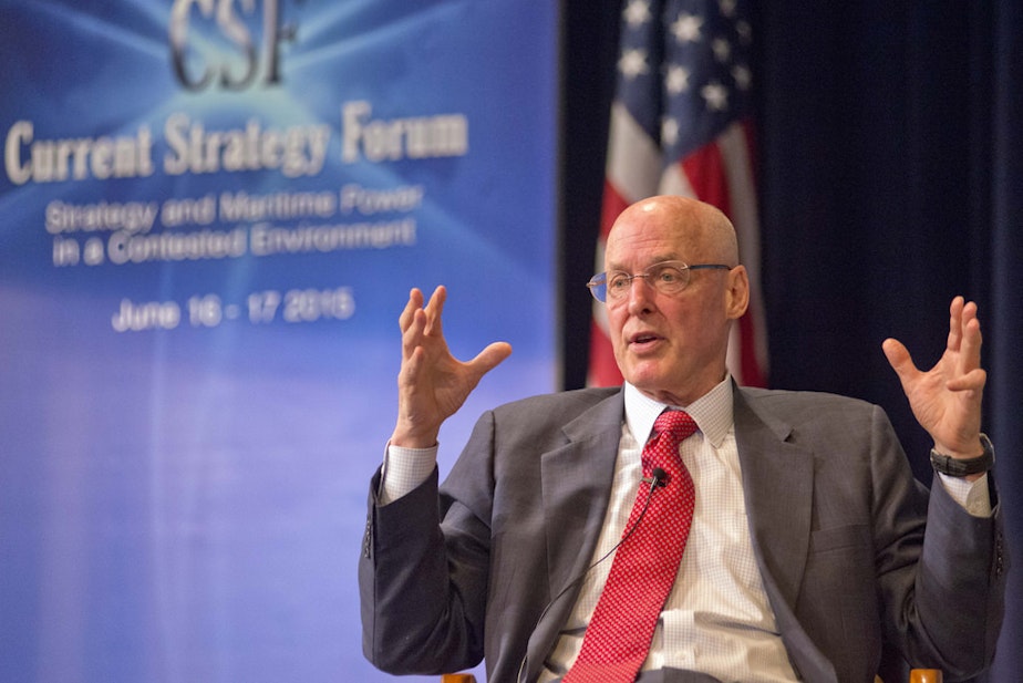 caption: Former Secretary of the Treasury Henry M. Paulson, Jr. speaks during the U.S. Naval War College 2015 Current Strategy Forum in Newport, Rhode Island on June 17.