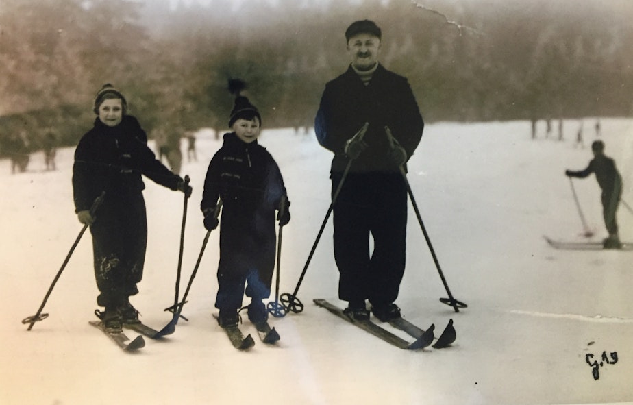 caption: Werner as a child, on a ski trip in Germany with his father and older sister.
