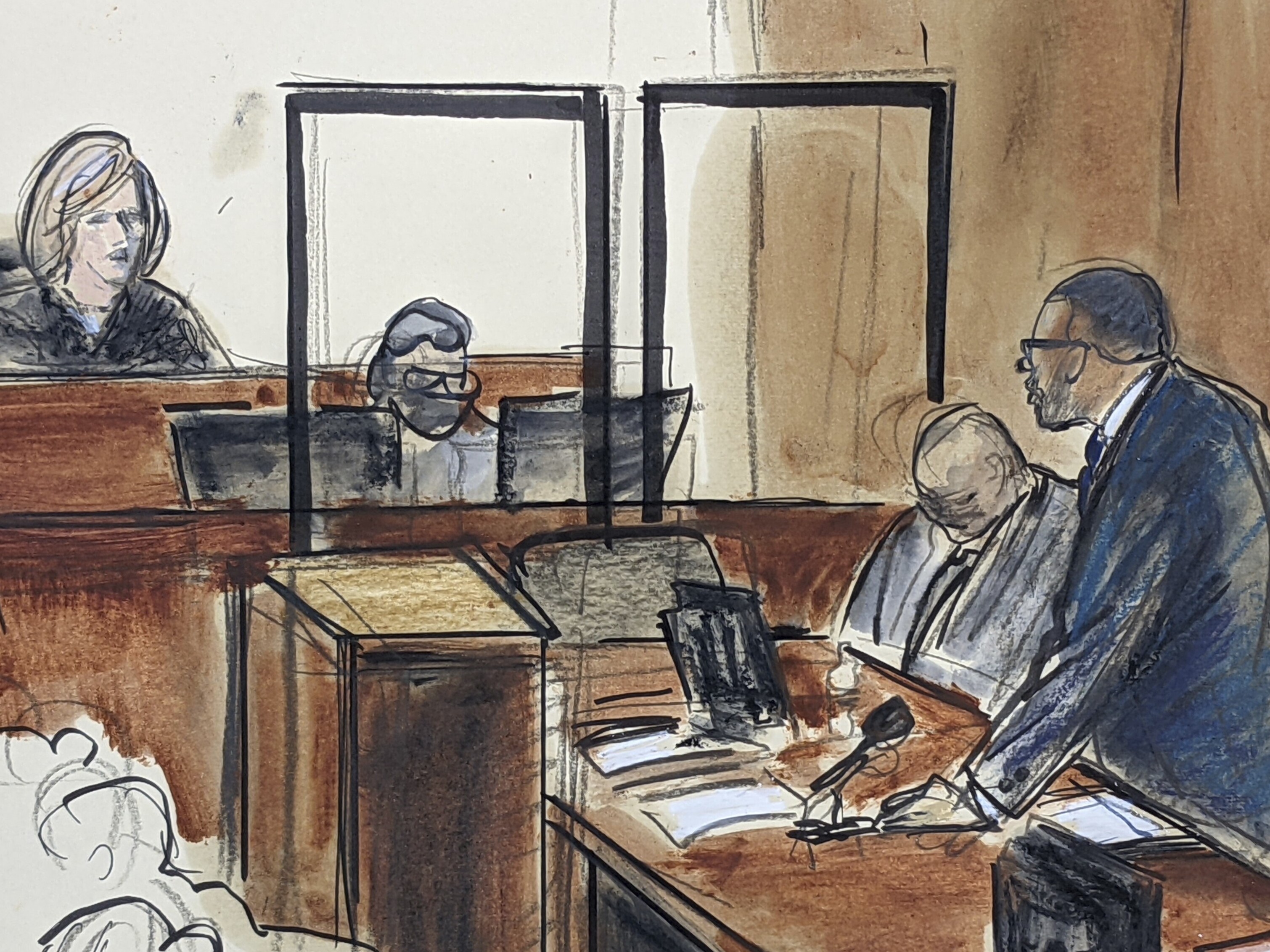 caption: A courtroom sketch of R. Kelly telling Judge Ann M. Donnelly he won't take the stand in his own defense.