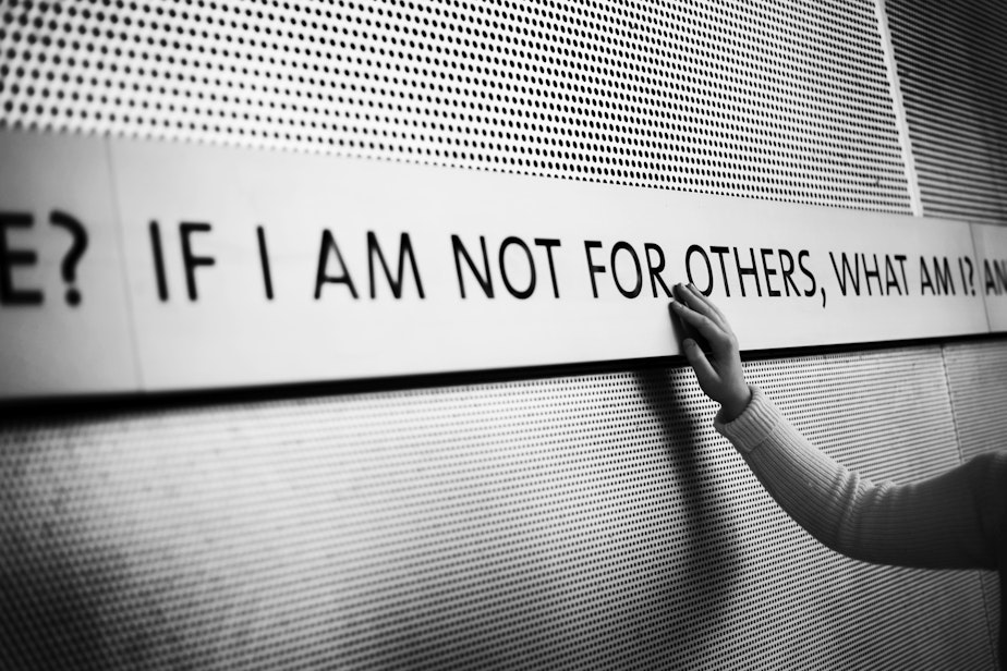 caption: A quote on the office building of Jewish Family Services reads, "If I am not for myself who will be for me, if I am only for myself, what am I, and if not now, when?" 