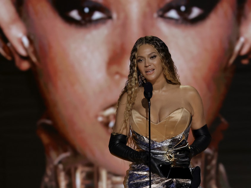 caption: Beyoncé accepts the Best Dance/Electronic Music Album award for "Renaissance" onstage during the 65th Grammy Awards on Feb. 5 in Los Angeles.