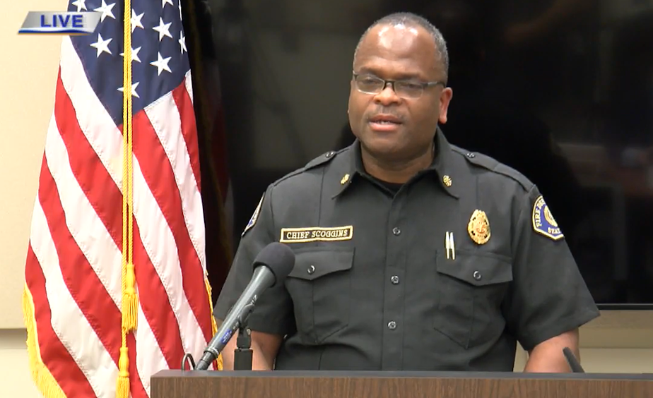 caption: Seattle Fire Chief Harold Scoggins briefs the press after demonstrations turned violent May 30, 2020, causing various fires in the downtown area.