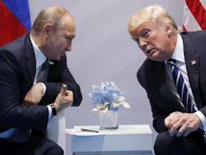 caption: President Trump meets with Russian President Vladimir Putin at the G-20 summit in 2017 in Hamburg, Germany.