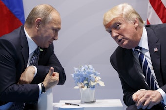 caption: President Trump meets with Russian President Vladimir Putin at the G-20 summit in 2017 in Hamburg, Germany.