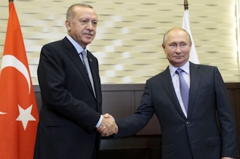 caption: Russian President Vladimir Putin (right) and Turkish President Recep Tayyip Erdogan pose for a photo during their meeting in Sochi, Russia, Tuesday.