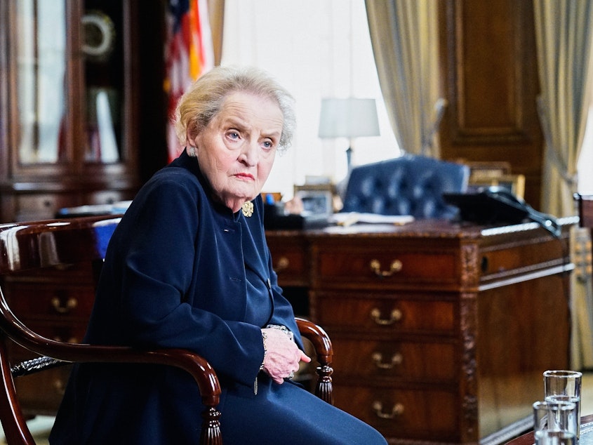 caption: Madeleine Albright is pictured in 2018 on the set of <em>Madam Secretary.</em>