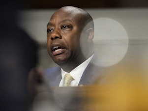 caption: Sen. Tim Scott, R-S.C., questions former executives of failed banks during a Senate Banking Committee hearing on May 16.