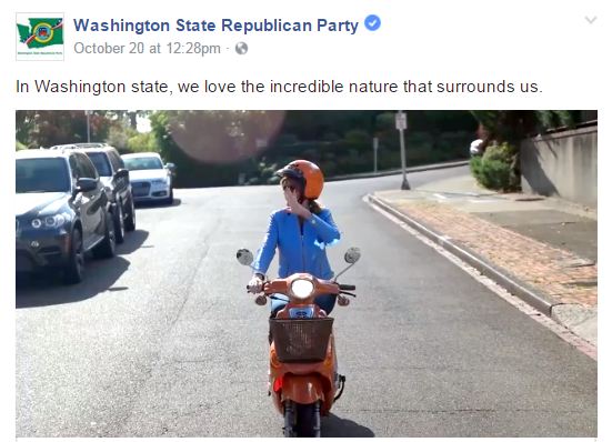 caption: Screenshot from the Washington State Republican Party's ad features chairman Susan Hutchison running errands on a scooter.