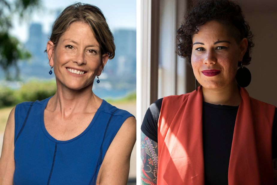 caption: Candidates Sara Nelson and Nikkita Oliver are running for Seattle City Council Position 9 in the November 2021 election. 