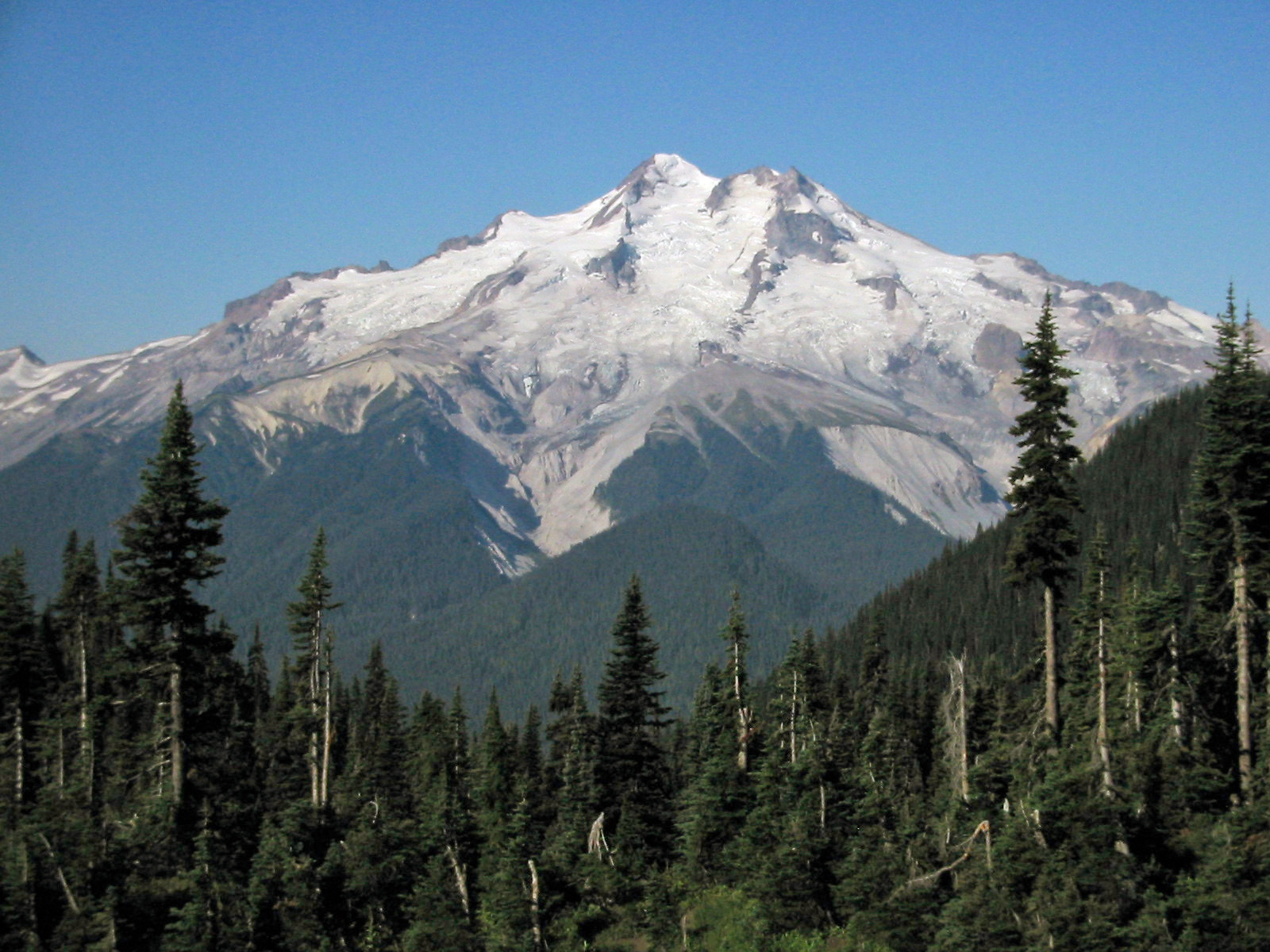 caption: Washington's Glacier Peak, including (left to right): Cool, Chocolate, North Guardian and Dusty Glaciers, on Aug. 30, 2003.