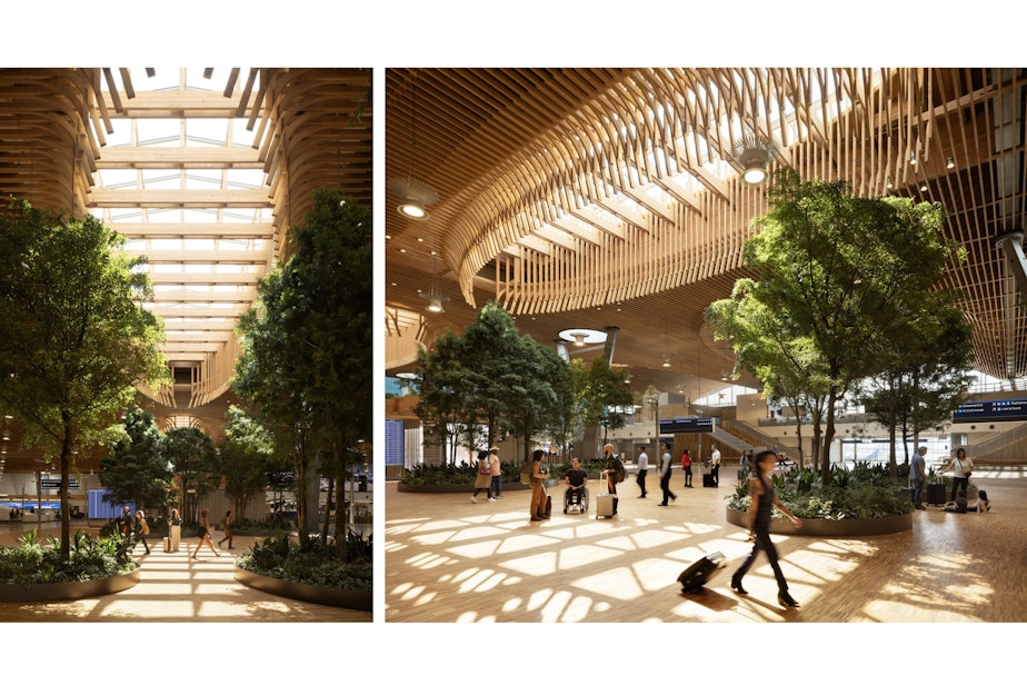 caption: Portland Airport's new main terminal uses several highly-engineered, modern wood products